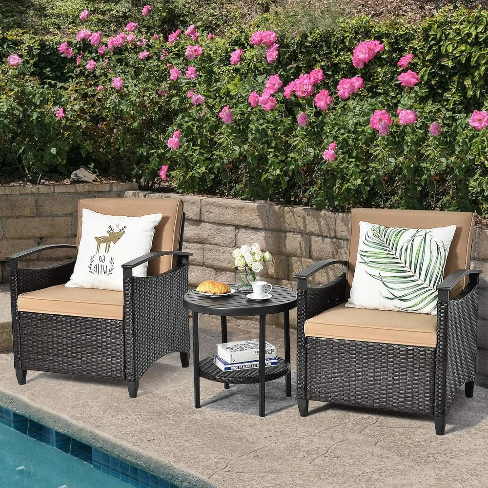 3 Piece Rattan Sofa Set, Patio Conversation Bistro Set w/Coffee Table, Seat and Back Cushions
