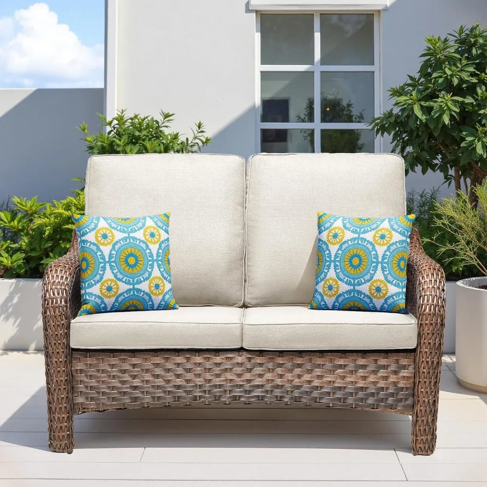 Outdoor Loveseat Patio Sofa, All Weather 2-Seat Wicker Couch with Removable Cushion, Rattan High Back Sofa Deep Seating Furnitur
