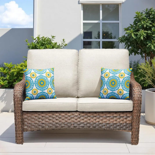 Outdoor Loveseat Patio Sofa, All Weather 2-Seat Wicker Couch with Removable Cushion, Rattan High Back Sofa Deep Seating Furnitur