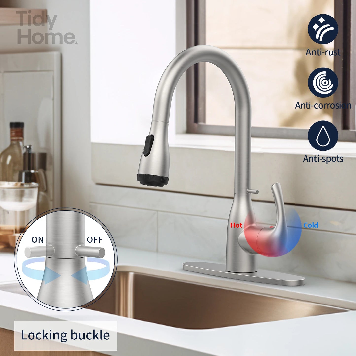 Kitchen Faucet with Pull Down Sprayer and 4 Spraying Modes Brushed  with Locking Buckle for Farmhouse Bar Sinks