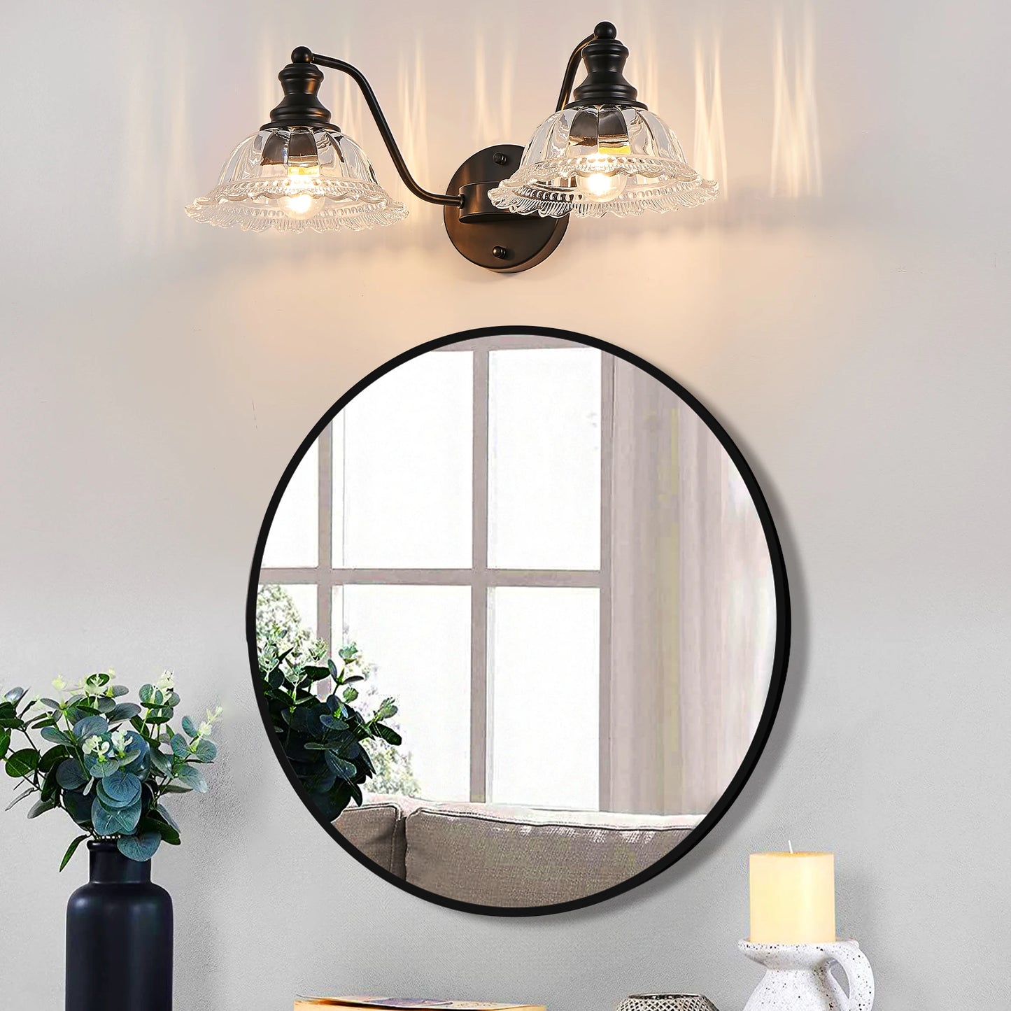 20 英寸 2-Light Vintage Bathroom Wall Sconce – Elegant Black Metal and Glass Lampshade Vanity Light Fixture