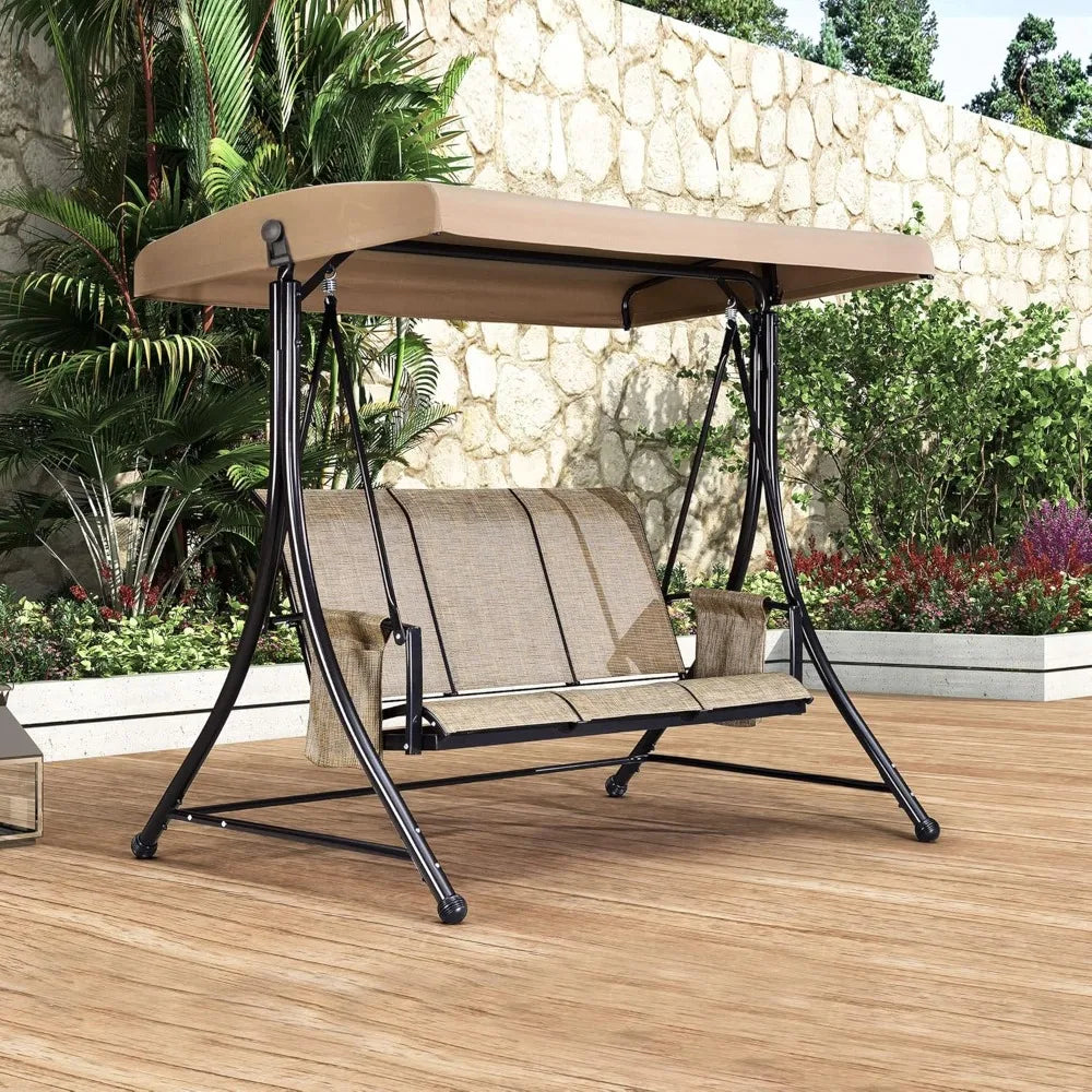 3-Seat Deluxe Outdoor Patio Porch Swing with Weather Resistant Steel Frame, Adjustable Tilt Canopy, Beige
