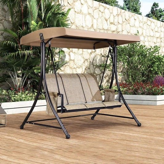 3-Seat Deluxe Outdoor Patio Porch Swing with Weather Resistant Steel Frame, Adjustable Tilt Canopy, Beige