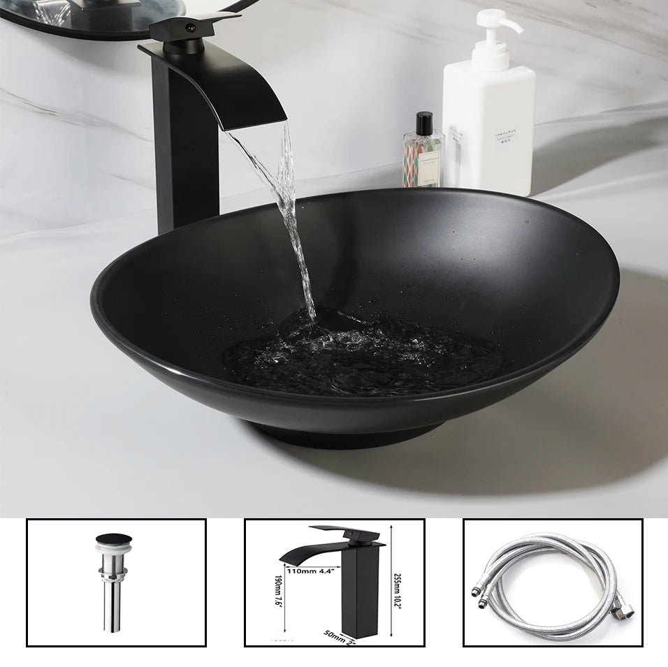Monite Matte Black Bathroom Sink Faucet Set Modern Stone Resin Basin W/ Waterfall Tap Pop Up Drain Combo Art Oval Vessel Sinks