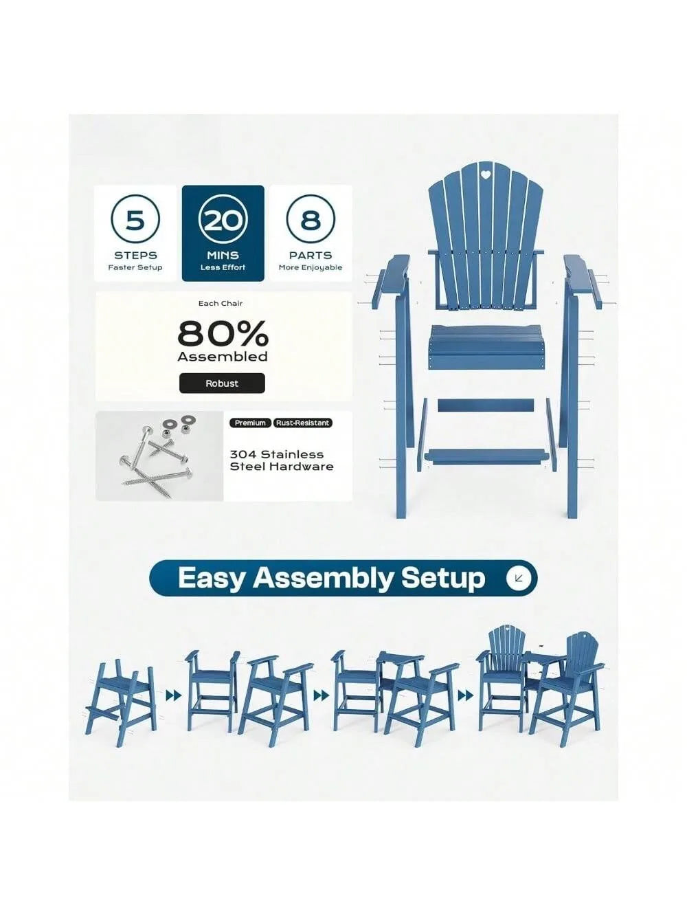 Tall Adirondack Chairs Set of 2 with 2-Layer Connecting Table, HDPE Bar Height Outdoor Table and Chairs with Umbrella Hole