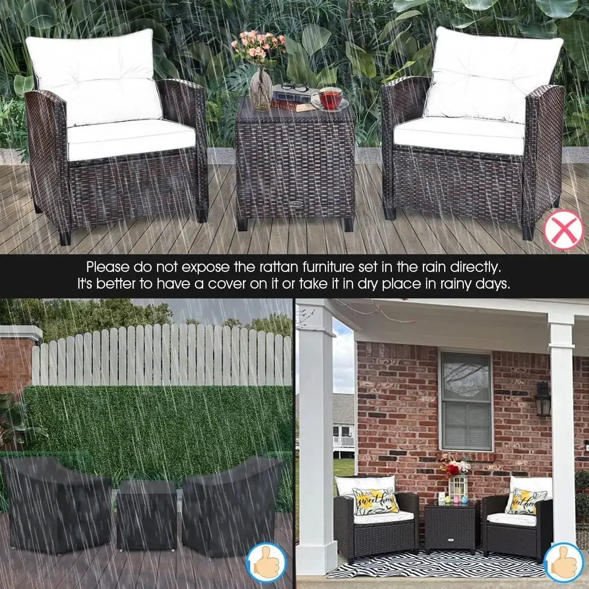 3 Pieces Patio Furniture Set, PE Rattan Wicker 3 Pcs Outdoor Sofa Set w/Washable Cushion and Tempered Glass Tabletop