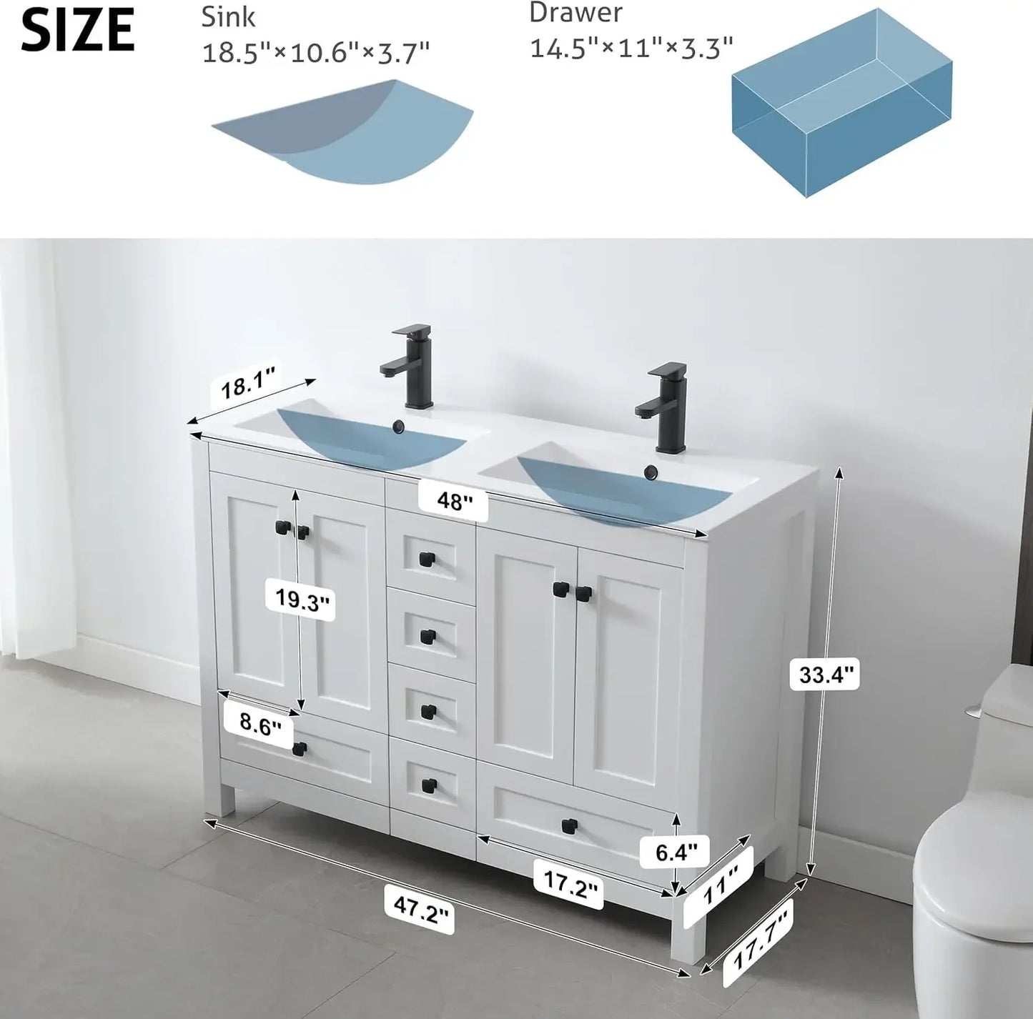 48" Bathroom Vanities Cabinet with Sink Combo Set, Undermount Double Resin Sink w/Thickened Wood, Matte Black Faucet, White