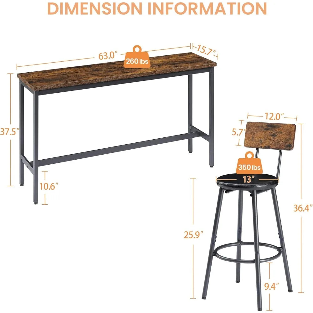 63" L Bar Table and Chairs Set for 3, 4 Piece Long Rectangle Pub Bistro Table with 3 PU Upholstered Bar Stools, Counter Height D