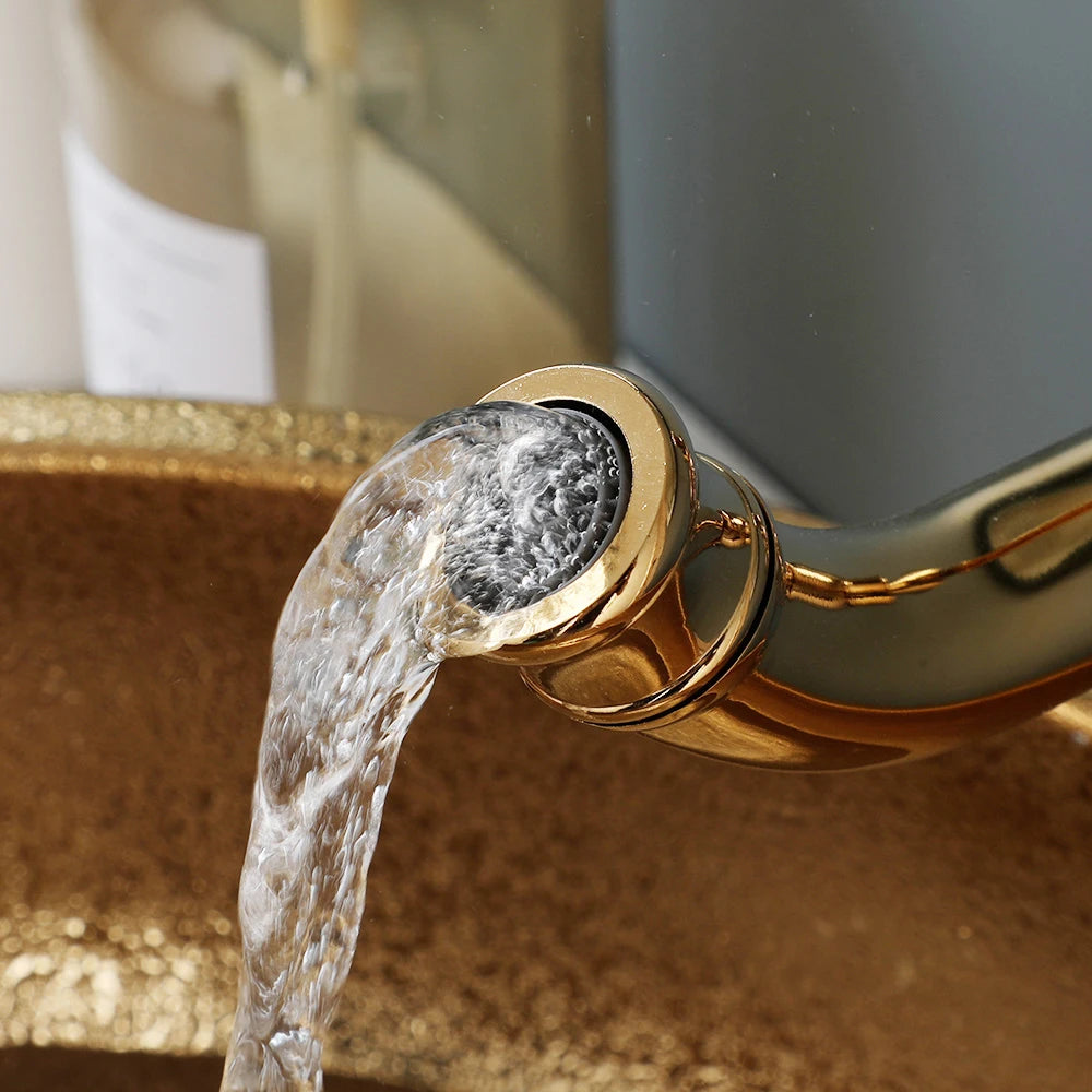 Torayvino Gold Round Bathroom Ceramic Lavatory Set Bath Mixer Washbasin Vessel Sink 360 Swivel Faucets W/ Pop-up Drain Combo Kit