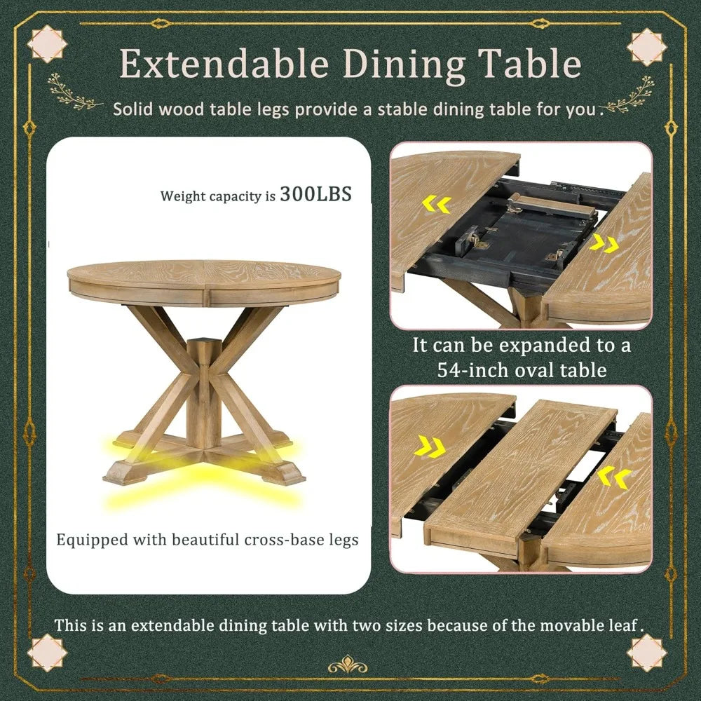 Restaurant Furniture, Extendable Round Kitchen Table Set with 4 Upholstered Chairs, Dining Sets for Kitchen Solid Wood Table