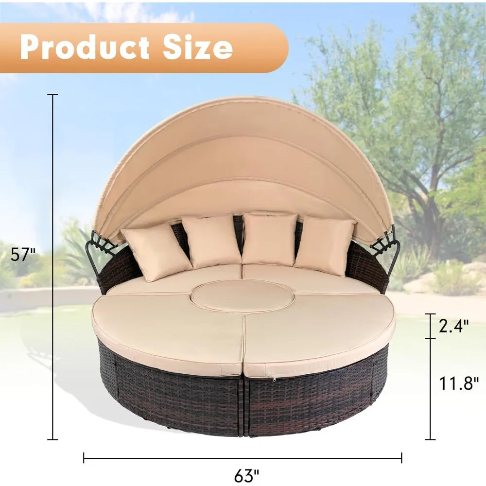 Outdoor Patio Daybed with Retractable Canopy, Wicker Rattan Sectional Round Sofa Furniture Set, 5 Pieces Seating Separates Cushi