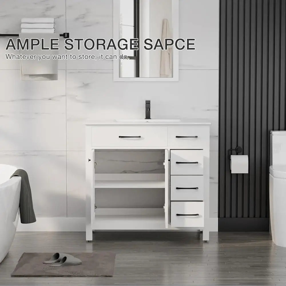 36 Inch Bathroom Vanity Sink Combo Modern Storage Cabinet with Ceramic Sink Durable MDF 2 Doors 3 Drawers Easy Assembly
