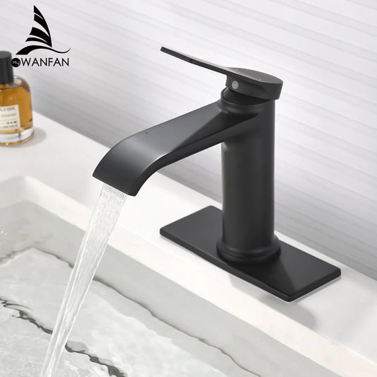 Black Bathroom Sink Faucet Single Hole Single Handle with Cover Plate Hot and Cold Modern Bath Faucet with Pop-up Dr LYJ0058