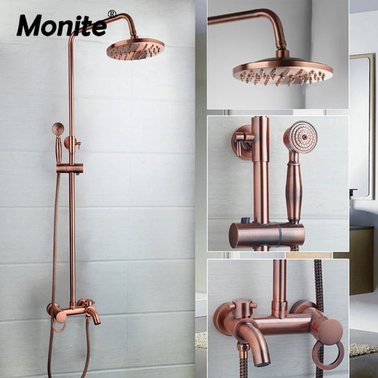 Monite Pink Rose Gold-plated Bathroom Shower Set Rain Shower Head Bath Shower Mixer with Hand Shower Faucet Bath Rainfall