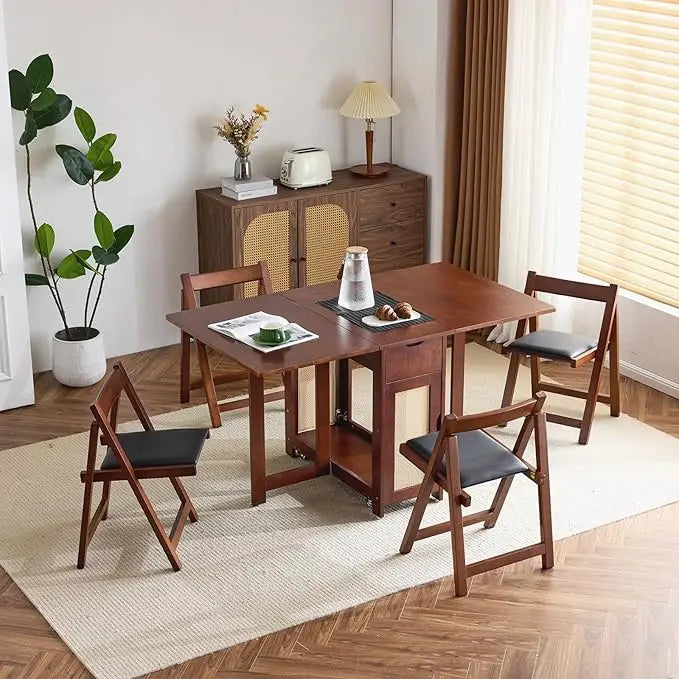 5-Piece Folding Dining Table Set, Extendable Drop Leaf Solid Wood Table with 4 Chairs, Drawers & Wheels, Space-Saving Design fo