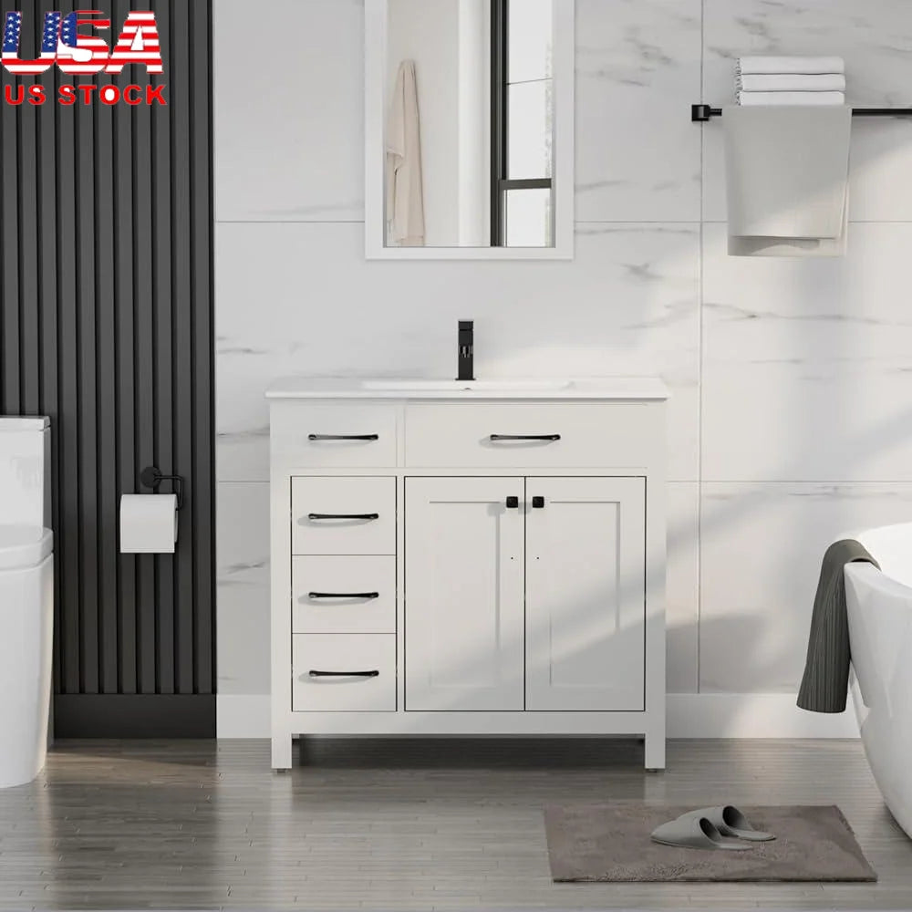 36 Inch Bathroom Vanity Sink Combo Modern Storage Cabinet with Ceramic Sink Durable MDF 2 Doors 3 Drawers Easy Assembly
