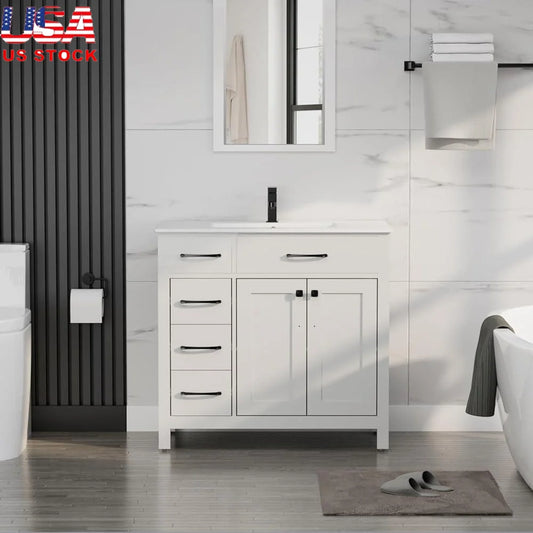 36 Inch Bathroom Vanity Sink Combo Modern Storage Cabinet with Ceramic Sink Durable MDF 2 Doors 3 Drawers Easy Assembly