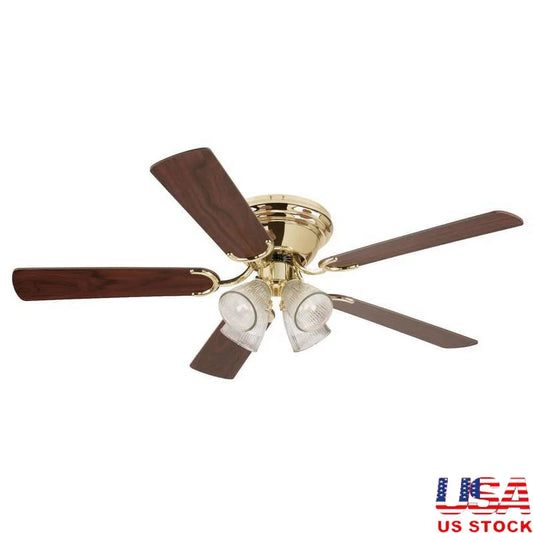 Indoor Ceiling Fan 52 Inch Polished Brass Light Fixture with LED Bulbs Clear Ribbed Glass Shades Energy Efficient Airflow Home