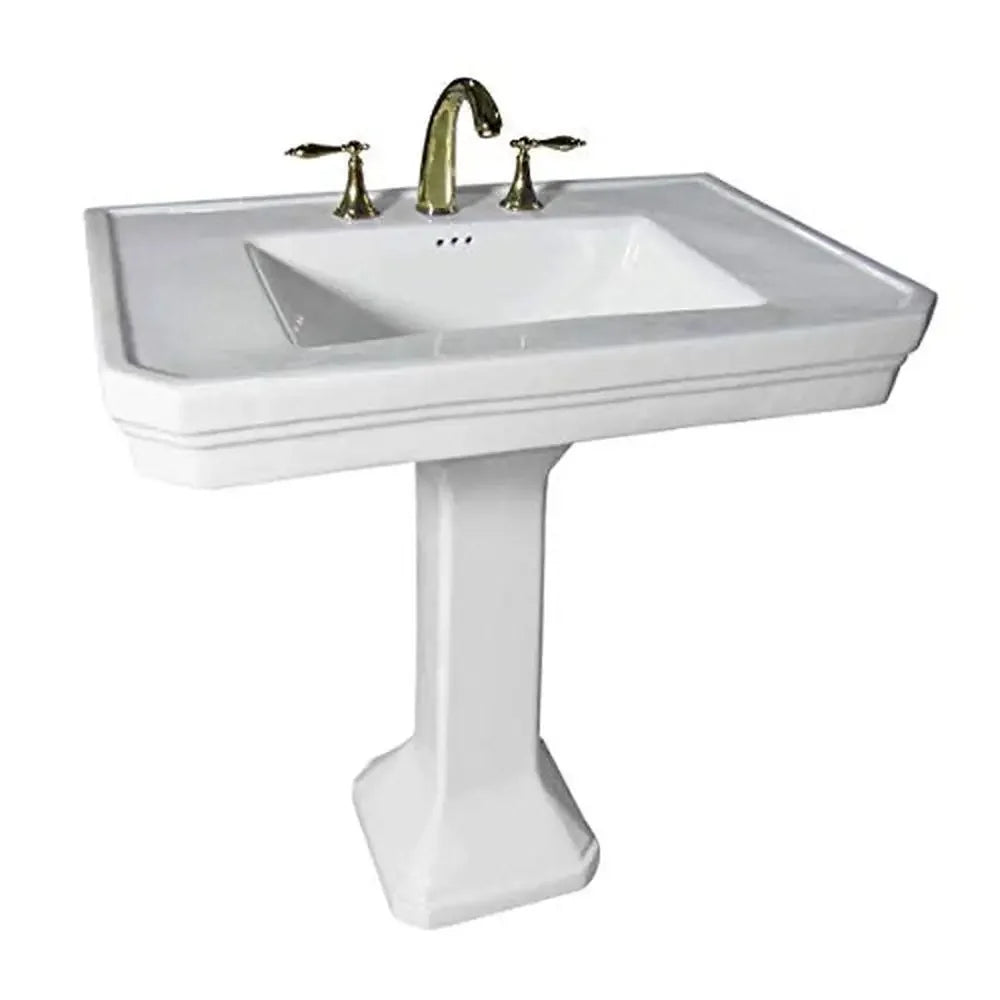 32" Victorian White Bathroom Pedestal Sink Combo Heavy Duty Widespread Faucet Holes Overflow Tall Console Vintage Charm Durable