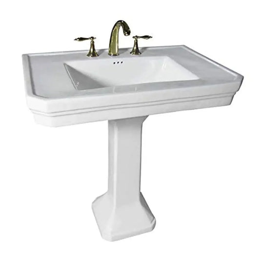 32" Victorian White Bathroom Pedestal Sink Combo Heavy Duty Widespread Faucet Holes Overflow Tall Console Vintage Charm Durable
