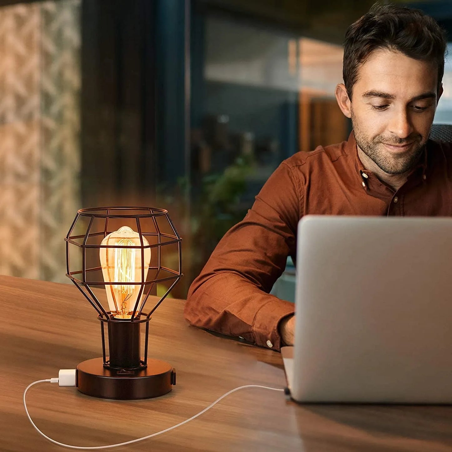 Industrial Table Lamp Small Desk Lamp with USB Charging Port Vintage Lamp with Outlet for Bedroom Living Room Nightstand 2 Sets