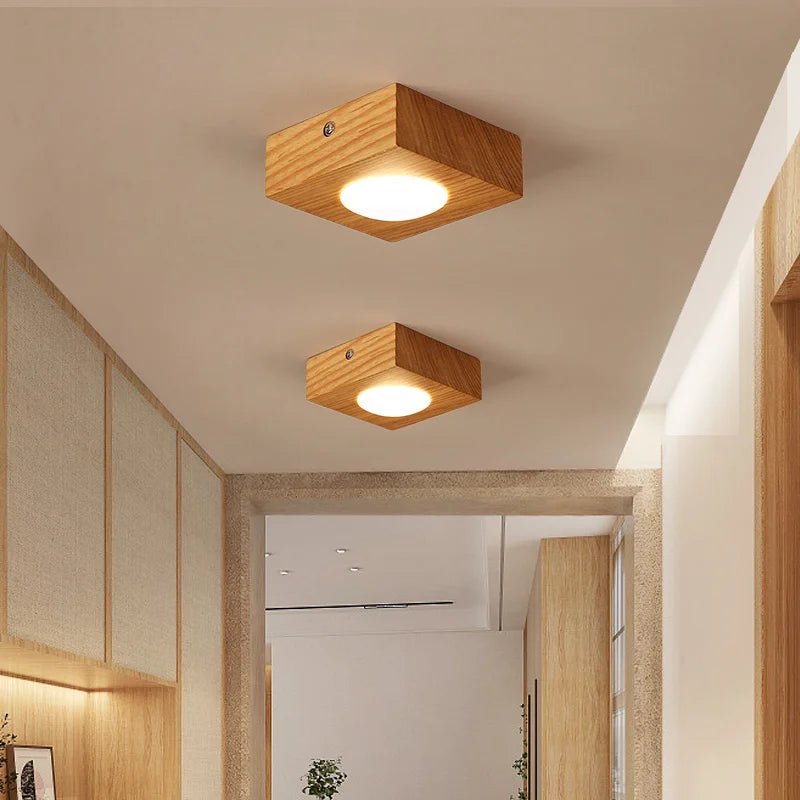 Nordic Creative Square Wooden Ceiling Lamps Simple Acrylic LED Handing Light for Bedroom Living Room Stair Aisle Lighting Decor
