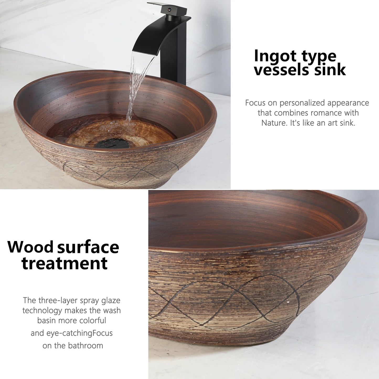 KEMAIDI Ceramic Vessel Sink with Faucet and Drain Combo Brown Bathroom Sink Above Counter Oval Sinks Bowl Artist Porcelain Basin