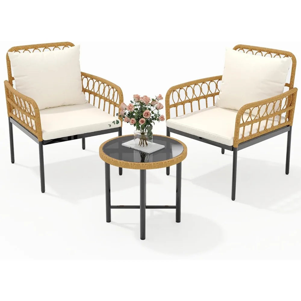 Wicker 3 Pieces Patio Bistro Sets with Glass Top Side Table and 2 Modern Rattan Chairs,for Backyard, Garden Furniture Set