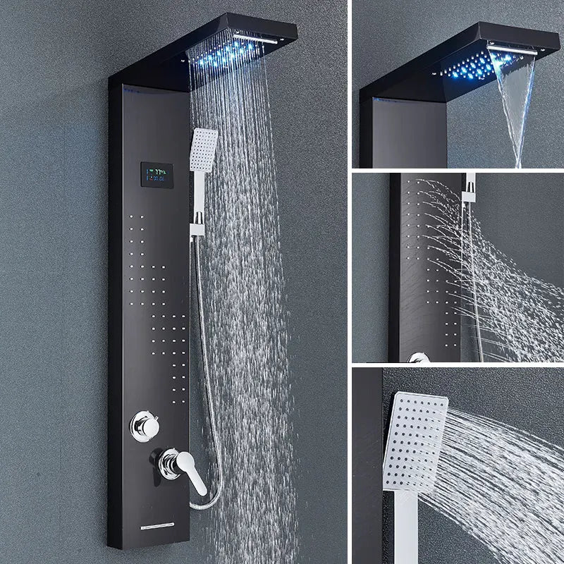Black LED Light Shower Panel Waterfall&Rainfall Faucet Set Systems Bathroom Mixer Taps Tower with Spa Shower Columns Massage Jet
