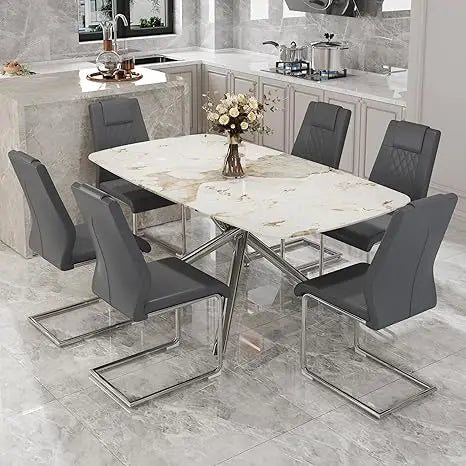 Modern Dining Table Set for 6, 63" Dinner Table Set for 6,Marble-Patterned Tempered Glass Kitchen Tabletop Silver Legs and 6 Bla