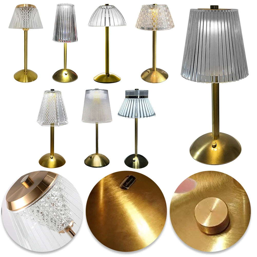 Crystal Table Lamp Metal Base 3 Color Modes Eye Protection Night Light Rechargeable Touch Control Hotel Restaurant Crystal Light