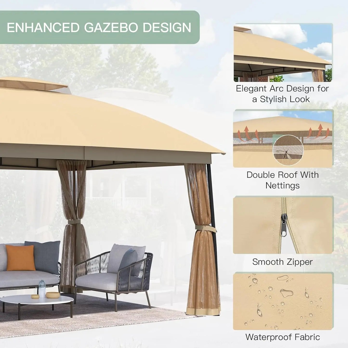 10 x 13 Gazebo, Metal Patio Gazebo with Mosquito Netting and Double Air Roofs, Heavy Duty & Waterproof Outdoor Canopy Gazebos