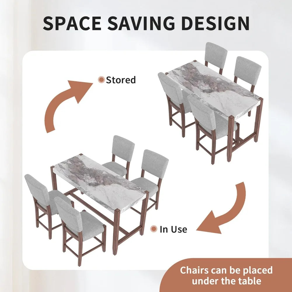 5-Piece Counter Height Dining Set with 1 Faux Marble Top Bar Table and 4 Upholstered Chairs, Mid-Century Modern Kitchen Table S