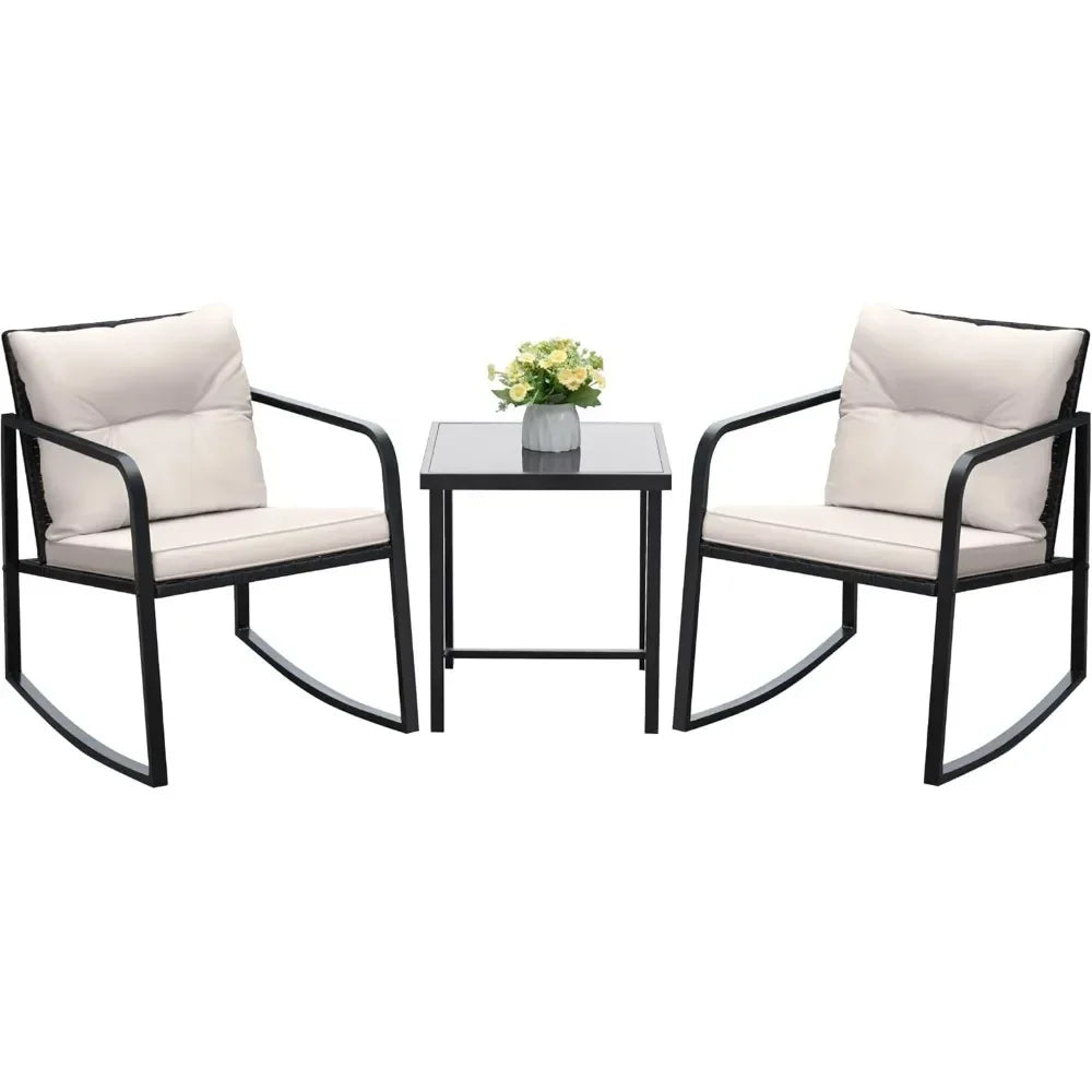 Piece Rocking Bistro Set Wicker Patio Outdoor Furniture Porch Chairs Conversation Sets with Glass Coffee Table