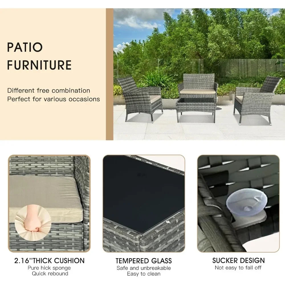 4 Piece Patio Furniture Set, Wicker Sectional Sofa with Armchair, Loveseat & Side Table – Outdoor Use