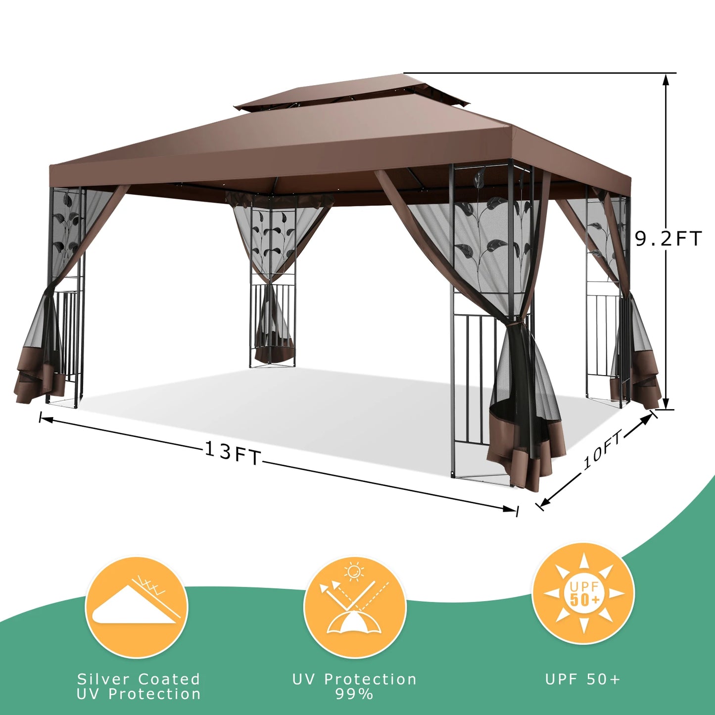 10x13 Outdoor Gazebo on Clearance with Mosquito Netting and Ventilated Double Flat Roof,All Weather for Patio,Backyard,Garden
