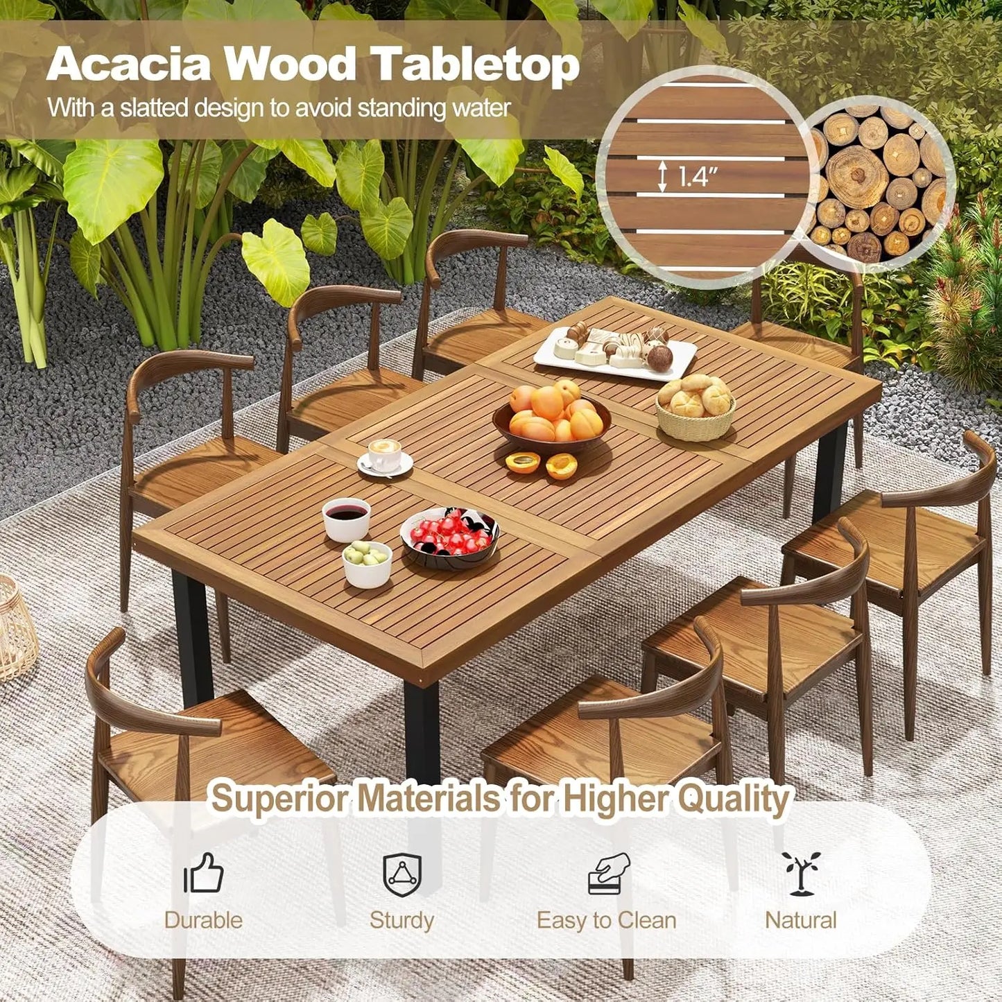 79 Inch Acacia Wood Dining Table,  Patio Table for Outdoors & Indoors, Rustic Rectangular Bistro Table with 1.9” Umbrella Hole