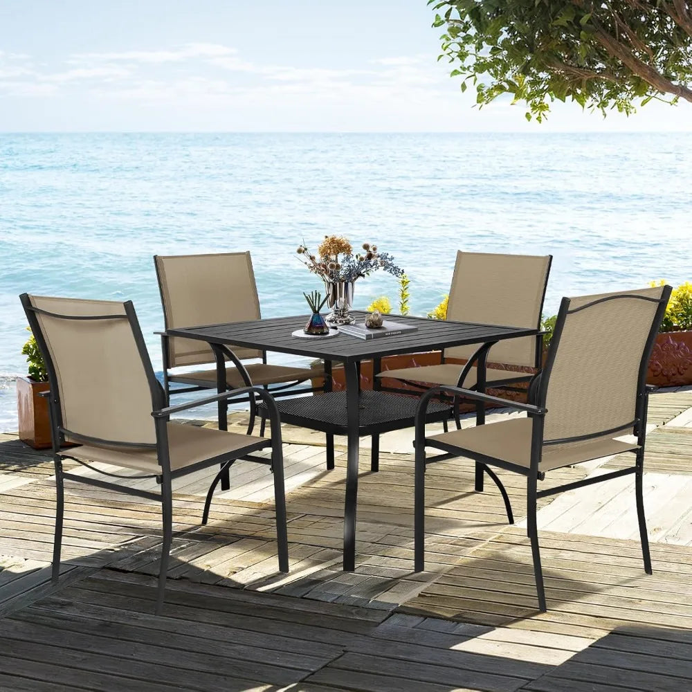 5 - Piece Outdoor Dining Set, Patio Furniture Set with 4 x Textilene Dinning Chairs and 1 Steel Slat Metal Bistro Table for Law