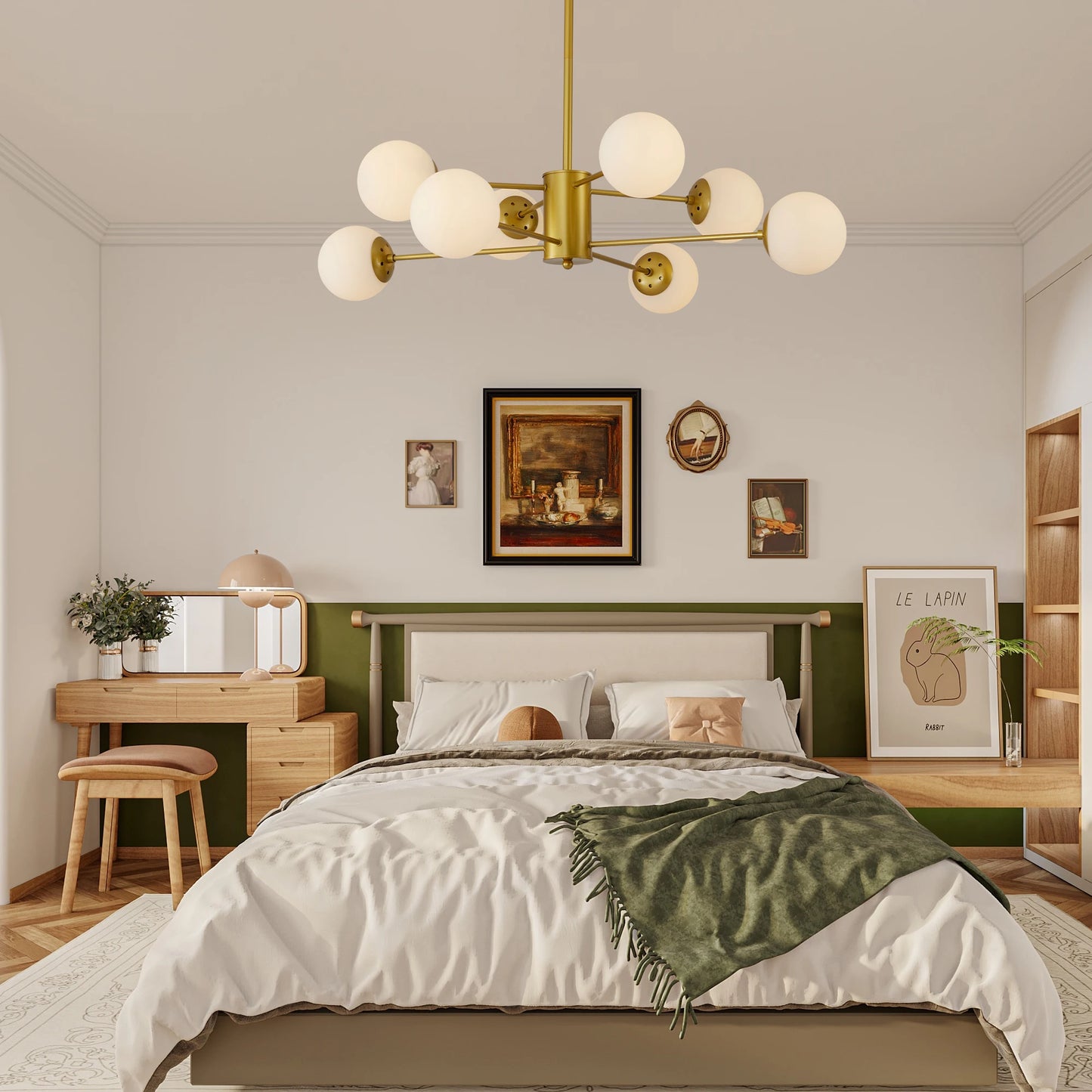 Modern 8-Light Gold Chandelier with White Glass Globe Shades, Elegant Ceiling Light Fixture (No Bulbs)