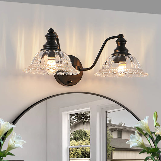 20 英寸 2-Light Vintage Bathroom Wall Sconce – Elegant Black Metal and Glass Lampshade Vanity Light Fixture