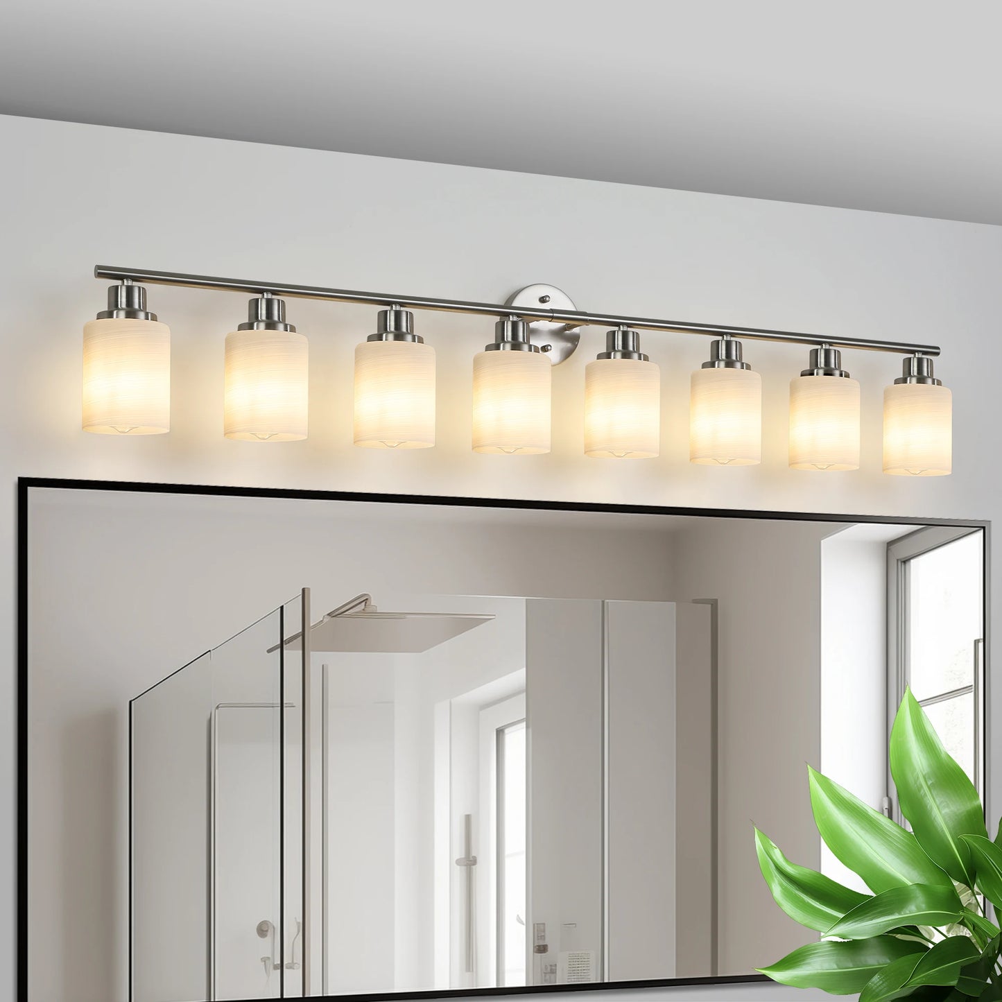 52" Modern 8-Light Vanity Bathroom Mirror Light, Frosted White Glass with Iron Frame, Contemporary Wall Sconce