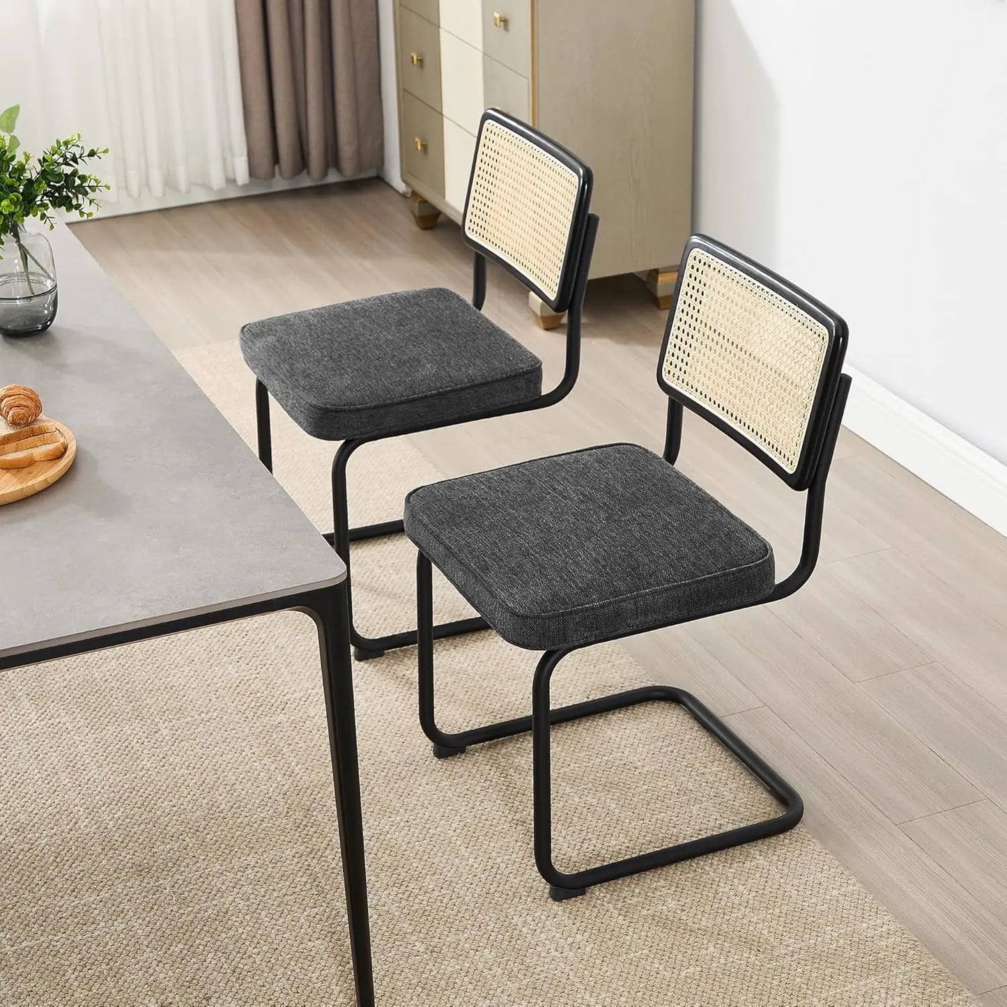 Natural Rattan Dining Chairs Set of 4, Modern Dining Room Chairs with Solid Wood Back for Kitchen Living Room,