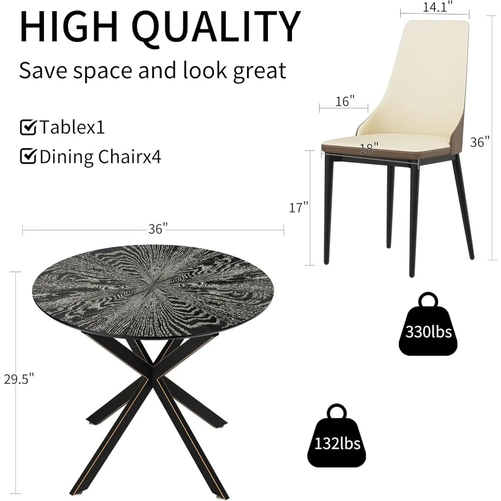5-Pieces Dining Table Set for 4,36 inch Small Kitchen Table and Chairs Set Modern Metal Cross Base Dinner Table with 4 Cushione
