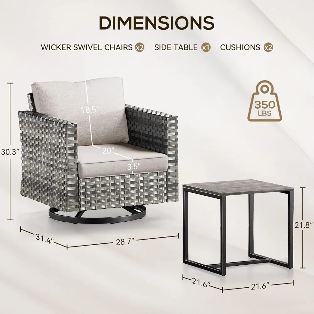Patio Swivel Glider Chairs with Side Table Set Resin Wicker Swivel Gliding Chairs & Side Table 3PCS Patio Furniture