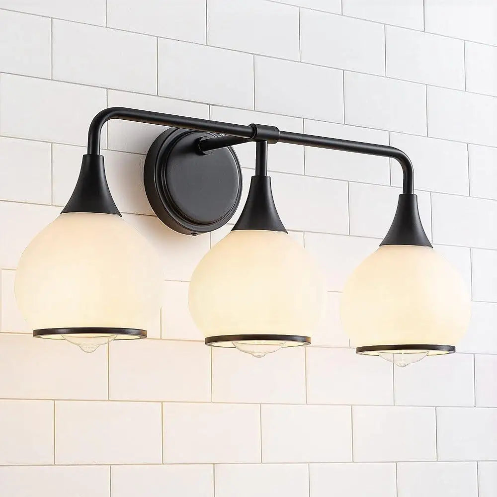 Black 3-Light Vanity Light Fixture Bathroom Wall with Frosted Glass Shades Elegant Home Lighting