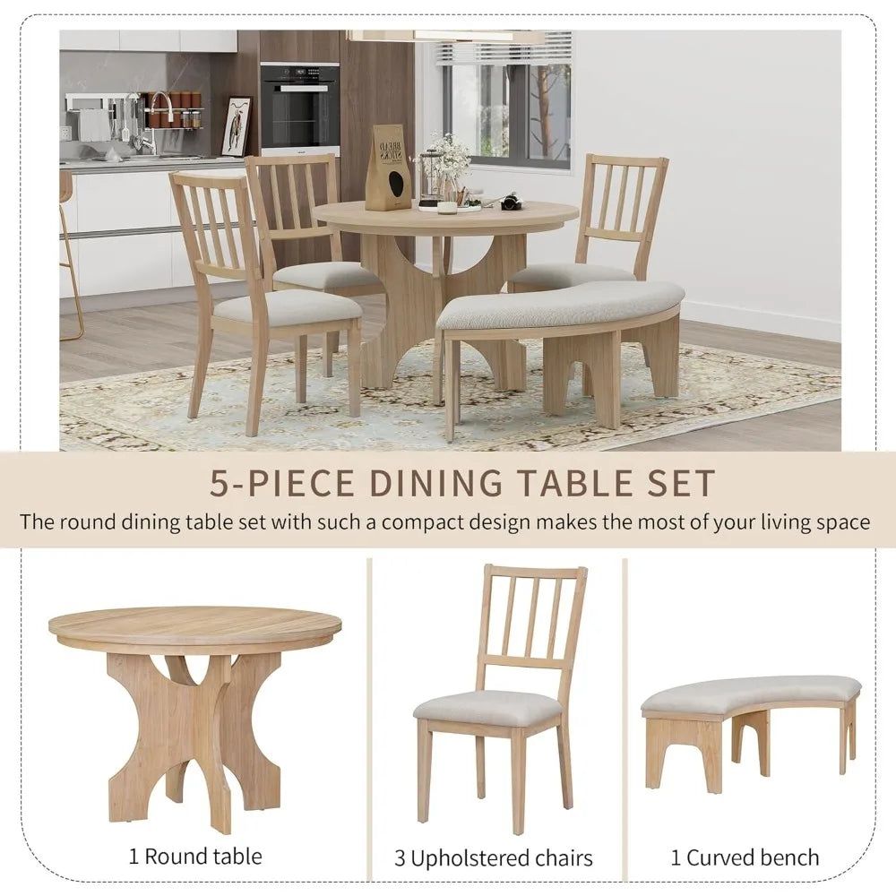 5-Piece Round Dining Table Set, Mid Century Modern Round Dining Table for 4-6 Person, Round Dinner Table with 4 Upholstered Chai