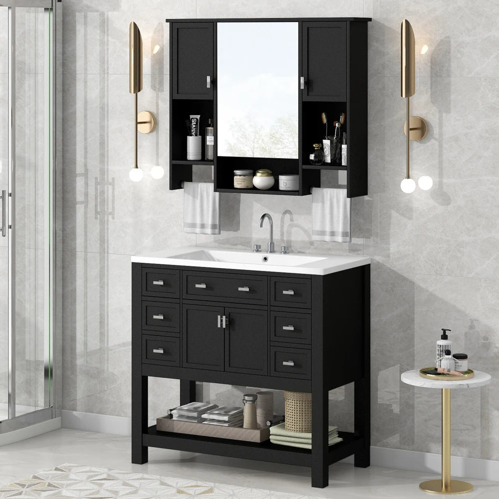 36'' Bathroom Vanity with Top Sink, Modern Mirror Cabinet with Towels Bar, Bathroom Storage Cabinet with 2 Soft Closing Doors