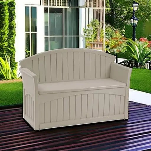 50 Gallon Patio Bench with Storage - Decorative Resin Outdoor Patio Bench for Deck, Patio,Cushions, Tools - Taupe