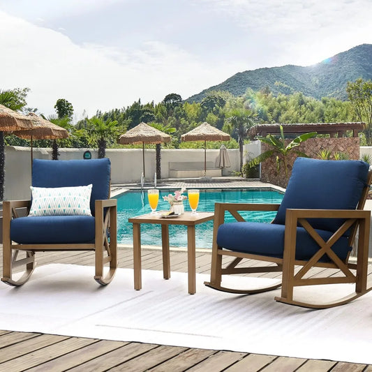 Rocking Bistro Set, 3 Piece Outdoor Patio Conversation Furniture Set with 2 Rockers and 1 Metal Coffee Table with Thick Cushions