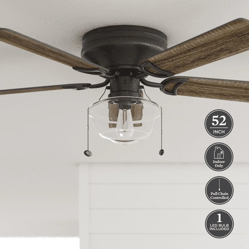 52 Inch Bronze Traditional LED Ceiling Fan Flush Mount with 5 Blades Dimmable Light Reversible Airflow Indoor Rooms
